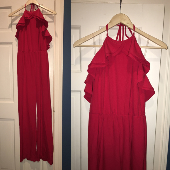Red Wide Leg Ruffle Halter Ruffle Jumpsuit - Picture 4 of 4